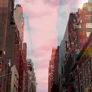 Double-exposure photo of a New York street canyon looking straight upward, with a glitched pink and blue