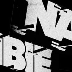 Zombie Nation distressed bold letterpress logotype rendered in white on black, running at a diagonal angle