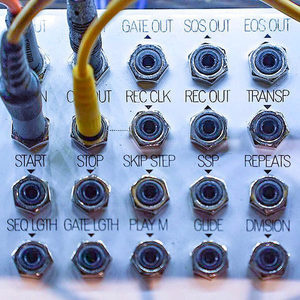 Modular synth patch panel close-up with Zombie Nation gate, clock and transport output jacks, yellow cables