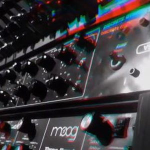 Zombie Nation Moog synthesizer front panel close-up with anaglyph color fringe effect, red and cyan offset