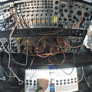 Roland System 100 modular synthesizer panel front view, Zombie Nation studio collection, orange patch