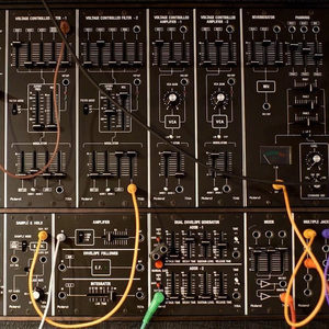 Roland System 700 modular synthesizer front panel in the Zombie Nation studio with coloured patch cables