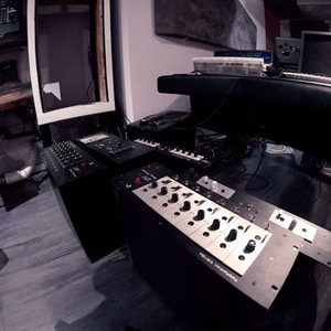 Zombie Nation studio desk with Telefunken V676 channel strips foreground, fisheye view of the main