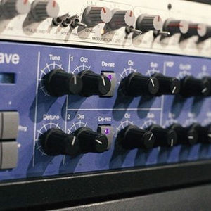 MonoWave rack synthesizer front panel with blue LED display, Tune and Detune knobs, another unit above