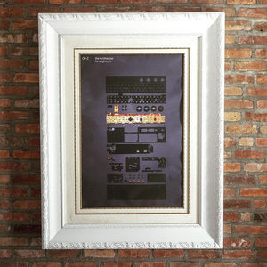 Teenage Engineering OP-Z exploded component view poster in a white ornate frame on a red brick wall