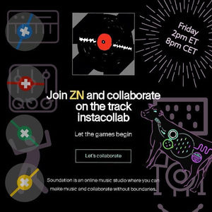 Soundation promotional graphic inviting fans to collaborate on a track with ZN, Friday 2pm ET 8pm CET